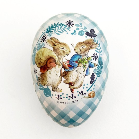 3-1/2" Peter Rabbit and Friend Blue Gingham Papier Mache Easter Egg Container ~ Germany